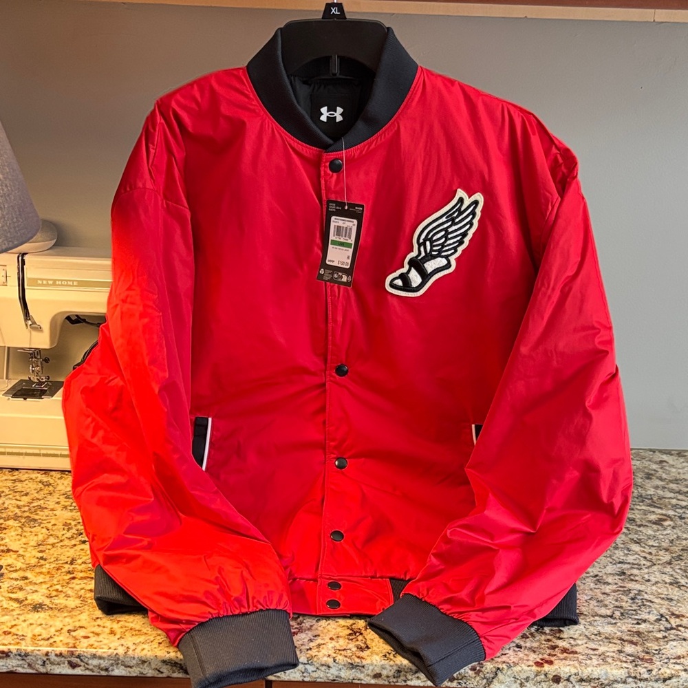 NWT Under Armour UA Icon Varsity Men’s Bomber Jacket Size Large Red/Black/White